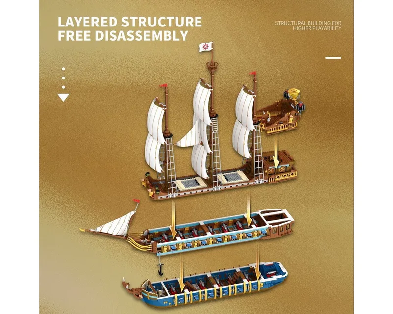 Reobrix 66011 Royal Fleet Mega XL Ship of the Pirates bouwset | Black Pearl destroyer | Caribbean Adventure Modelbouw | Creator piratenschip speelgoed boot bouwpakketten voor volwassenen | DIY piraten boot geschikt voor Lego | Bouwdoos 2831 bloks de Reobrix en Boten – The Sun XL – photo du produit 3 sur 5