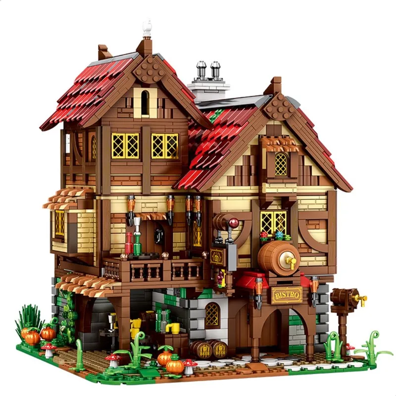 Reobrix - 66018 Middeleeuwse Taverne Bistro bouwset | Modulair miniratuur constructie modelbouw | Educatief speelgoed bouwpakketten voor kinderen & volwassenen | Blok formaat 4.9mm | 2831 bouwstenen by Reobrix in Architecture – Middeleeuwse Taverne Bistro – product photo