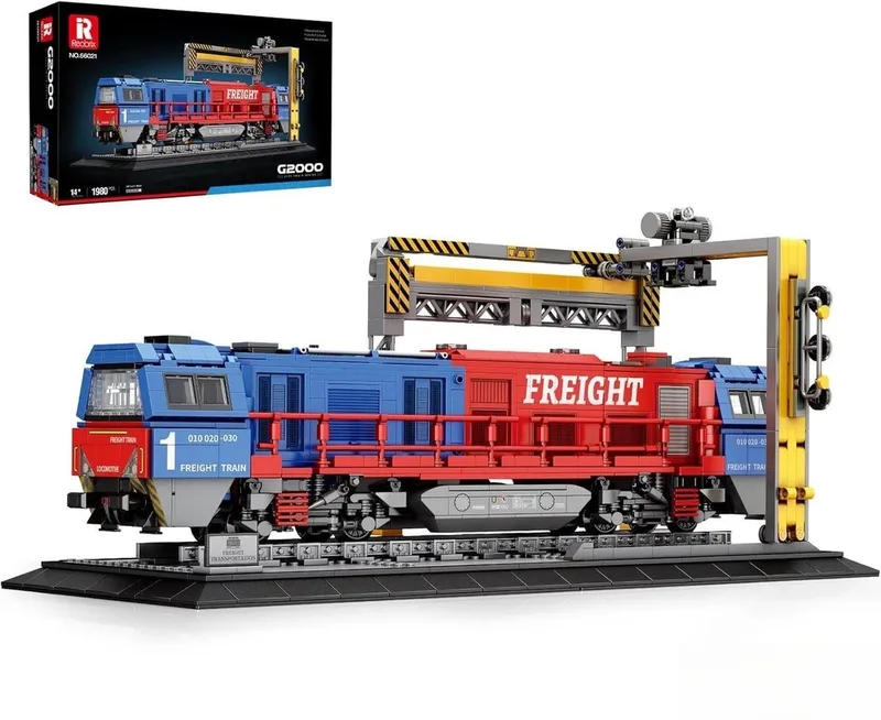 Reobrix 66021 G2000 Vracht trein retro classic bouwset | Locomotief miniatuur modelbouw | Technische educatief creator speelgoed ideas bouwpakketten voor expert volwassenen & kinderen | Niet geschikt voor Lego rails | Bouwdoos met 1980 bouwstenen by Reobrix in City – Vracht Trein – product photo