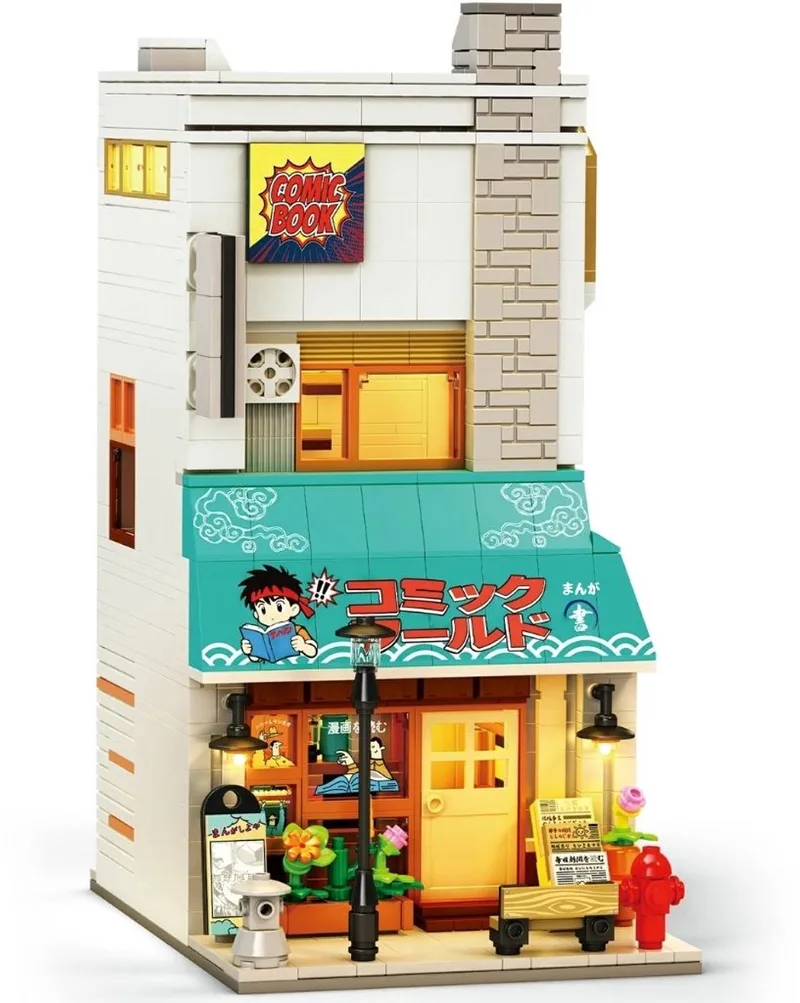 Reobrix 66505 Comic Store bouwset incl. verlichtingen | Classic Creator Modular Building | Expert Book Nook Modelbouw | Educatief STEM Speelgoed voor volwassenen & kinderen | Bouwdoos met 1157 bouwstenen by Reobrix in Architecture – Japanse Boekenwinkel – product photo