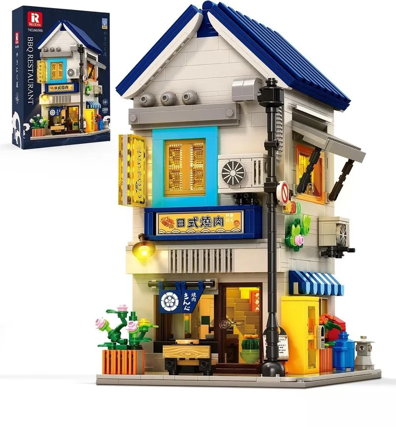 Reobrix 66506 BBQ-restaurant bouwset incl. verlichtingen | Classic Creator Modular Building | Expert Architecture Modelbouw | Educatief STEM Speelgoed voor volwassenen & kinderen | Bouwdoos met 1389 bouwstenen by Reobrix in Architecture – Japanse BBQ Restaurant – product photo