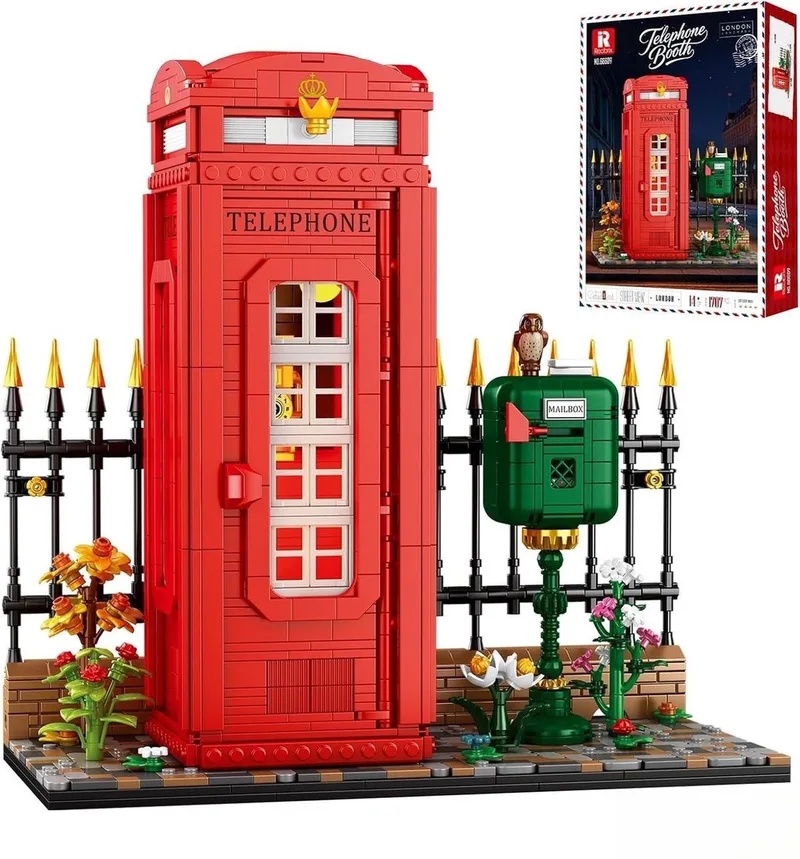 Reobrix 66609 Telefooncel bloemen straat van London bouwset incl verlichtingen | Classic Creator Modular Building | Expert Architecture Modelbouw | Educatief Speelgoed voor volwassenen & kinderen | Geschikt voor Lego | Bouwdoos met 1707 bouwstenen by Reobrix in City – Straat van London Telefooncel – product photo