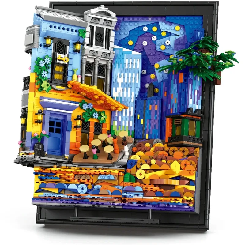Reobrix 66702 Bloemen cafe bij nacht schilderij mega bouwset met verlichting | Botanical wall art | Classic creator expert speelgoed | Icons bloemen kunst modelbouw voor volwassenen & kinderen | Decoratie geschikt voor Lego | Bouwdoos met 2678 bloks van Reobrix in Wall art – van Gogh cafe bij nacht – productfoto
