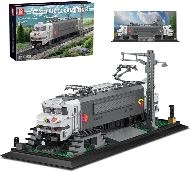 Reobrix 66803 Elektrische trein retro classic bouwset | Locomotief miniatuur modelbouw | Technische educatief creator speelgoed ideas bouwpakketten voor expert volwassenen & kinderen | Niet geschikt voor Lego rails | Bouwdoos met 2052 bouwstenen van Reobrix in City – Electrische Trein – productfoto