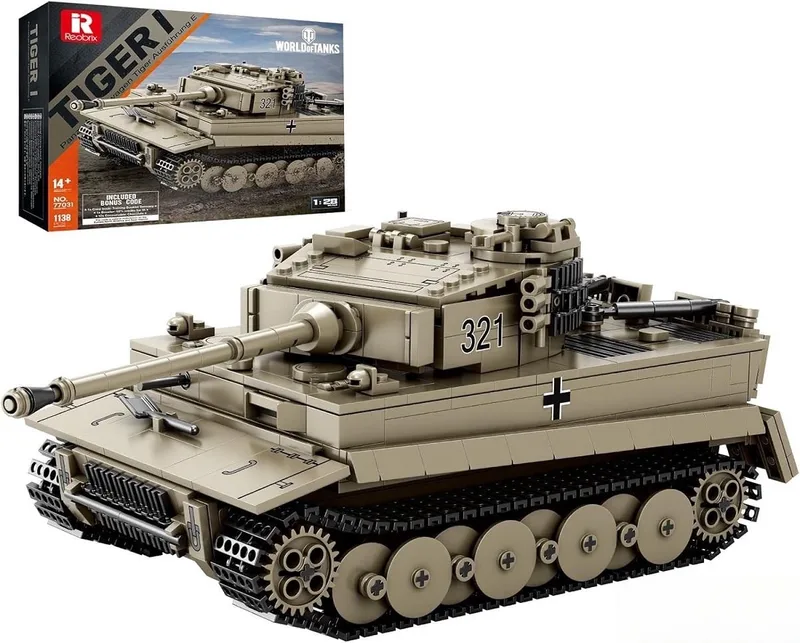Reobrix - 77031 Tiger Tank bouwset | World of Tanks Edition | WW2 Army auto constructie modelbouw | Educatief militair & leger speelgoed bouwpakketten voor kinderen & volwassenen | Schaal 1:28 | Blok formaat 4.9mm | 1140 bouwstenen von Reobrix in Army – WOT serie Tijger Tank – Produktfoto