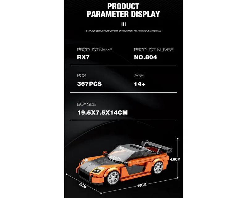 Reobrix 804 Mazda RX7 1:24 bouwset | City fast champions adventure | Creator classic motor bouwpakket | Technic speelgoed ideas voor volwassenen | Icons furious speed auto | Technische bouwdoos met 367 bloks de Reobrix en Auto geschikt voor lego – photo du produit 3 sur 5