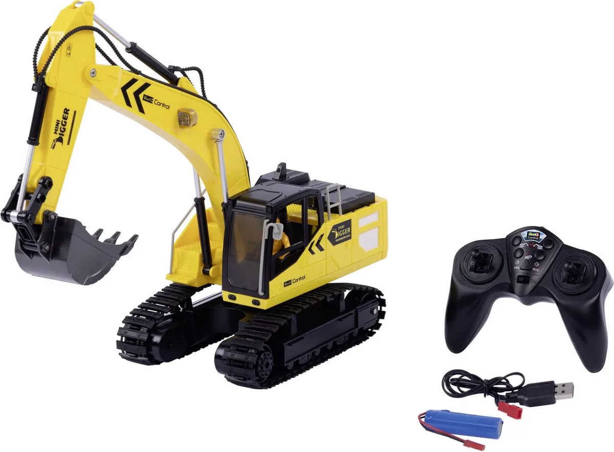 RC voertuig Landbouwvoertuigen - 24638 RC Graafmachine -Mini Digger 2.0- - 2,4GHz RC Model Kant en Klaar - 1:18 van Revell in Geel – productfoto