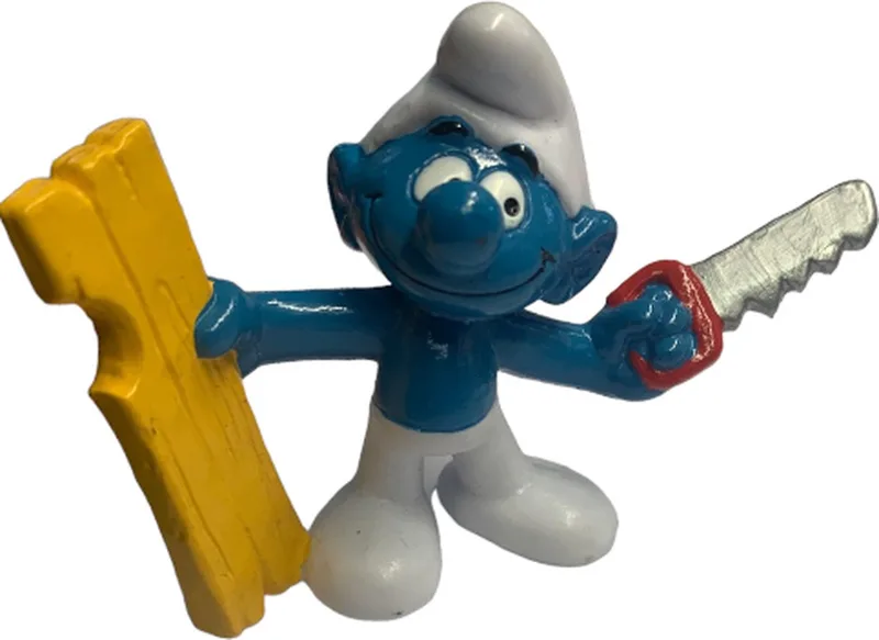 Knutselsmurf met houten plank en zaag - Schleich - speelfiguurtje - 6 cm - De smurfen von Schleich in Geel – Produktfoto