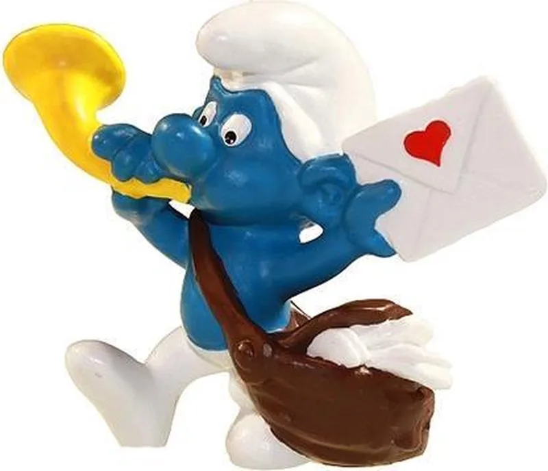 Postbode smurf - Speelfiguurtje - Schleich - brief met hart - 6cm von Schleich in Blauw, geel, wit, rood en bruin – Produktfoto