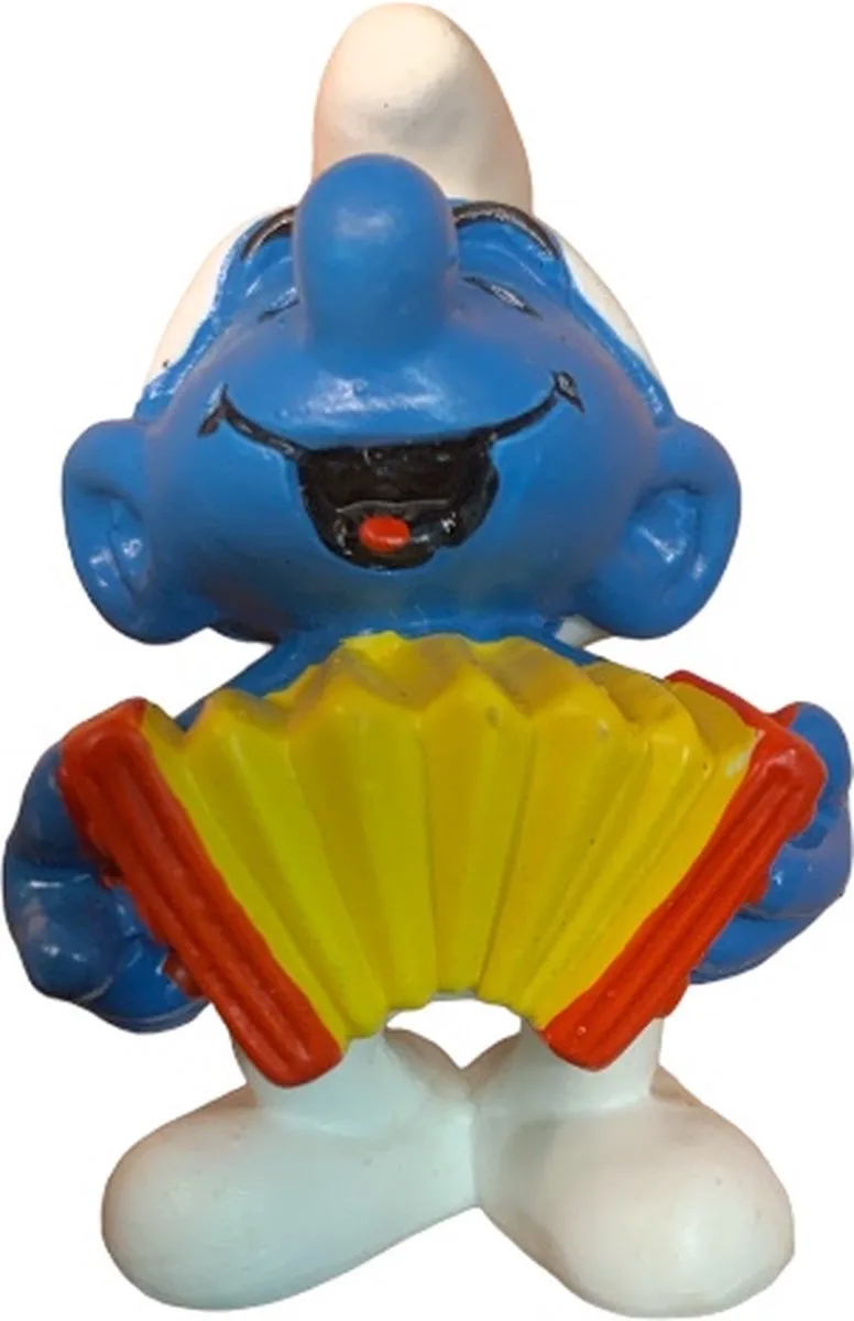 Smurf muzikant - Speelfiguurtje - Poppetje - Schleich met accordeon - 5 cm - De Smurfen van Schleich in Rood geel blauw wit – productfoto