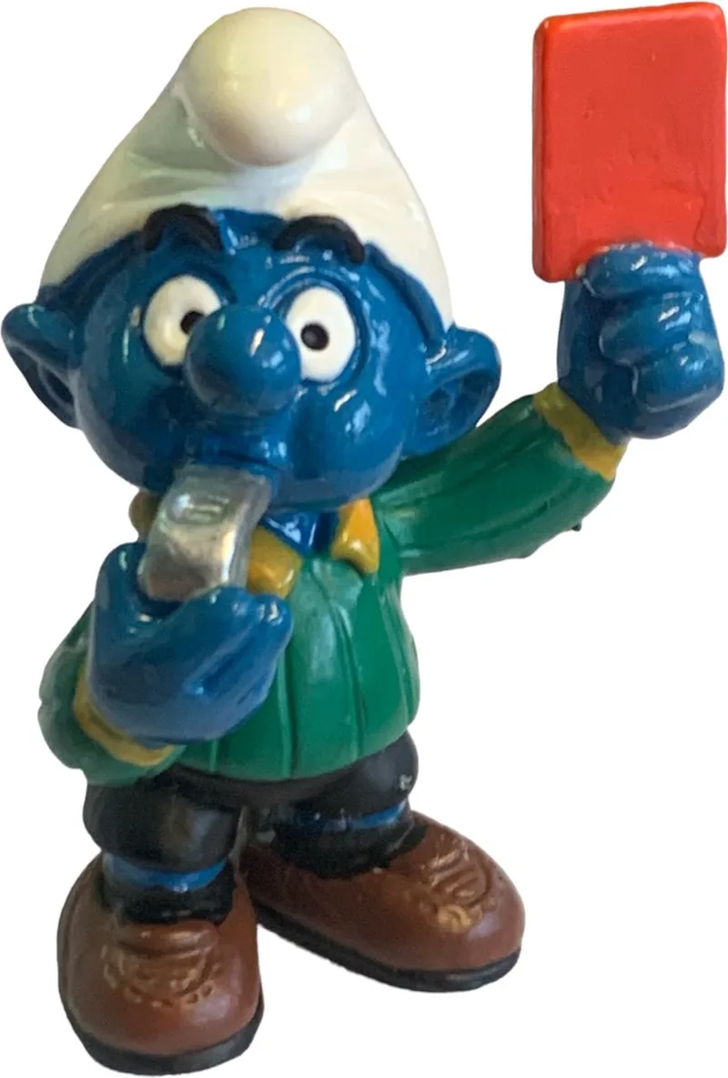 Smurf scheidsrechter - Met rode kaart - Schleich speelfiguur - 6 cm - 20472 van Schleich in Blauw, wit, rood, groen, zwart, geel, bruin – productfoto