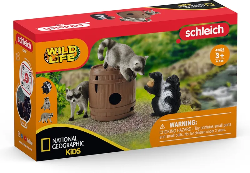 WILD LIFE Speelfigurenset - Wasbeer en het Stinkdier hebben Speelplezier met de Noot - Kinderspeelgoed voor Jongens en Meisjes - 3 tot 8 jaar - 5 Onderdelen - 42532 från Schleich i Bruin – produktbild