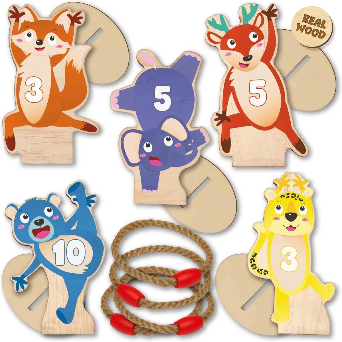 5 houten ringwerp dierenfiguren met 4 stevige touwringen - buiten spelen från SES Creative i Ringwerpen – produktbild