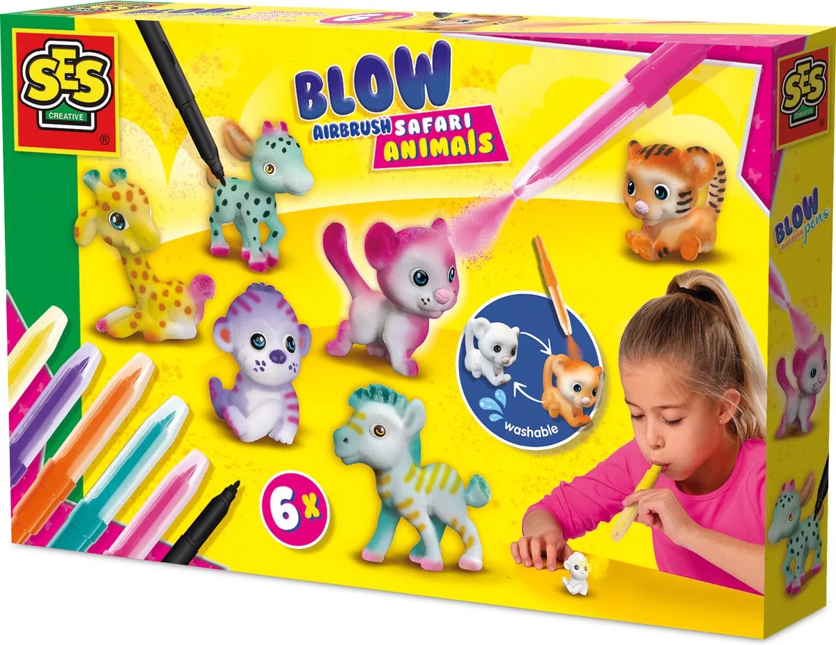 Blow Airbrush Pens - Dieren 6x om te Bespuiten - Voor Meisjes vanaf 5 Jaar - Blaasstiften - Schoencadeautjes Sinterklaas von SES Creative in Safari – Produktfoto