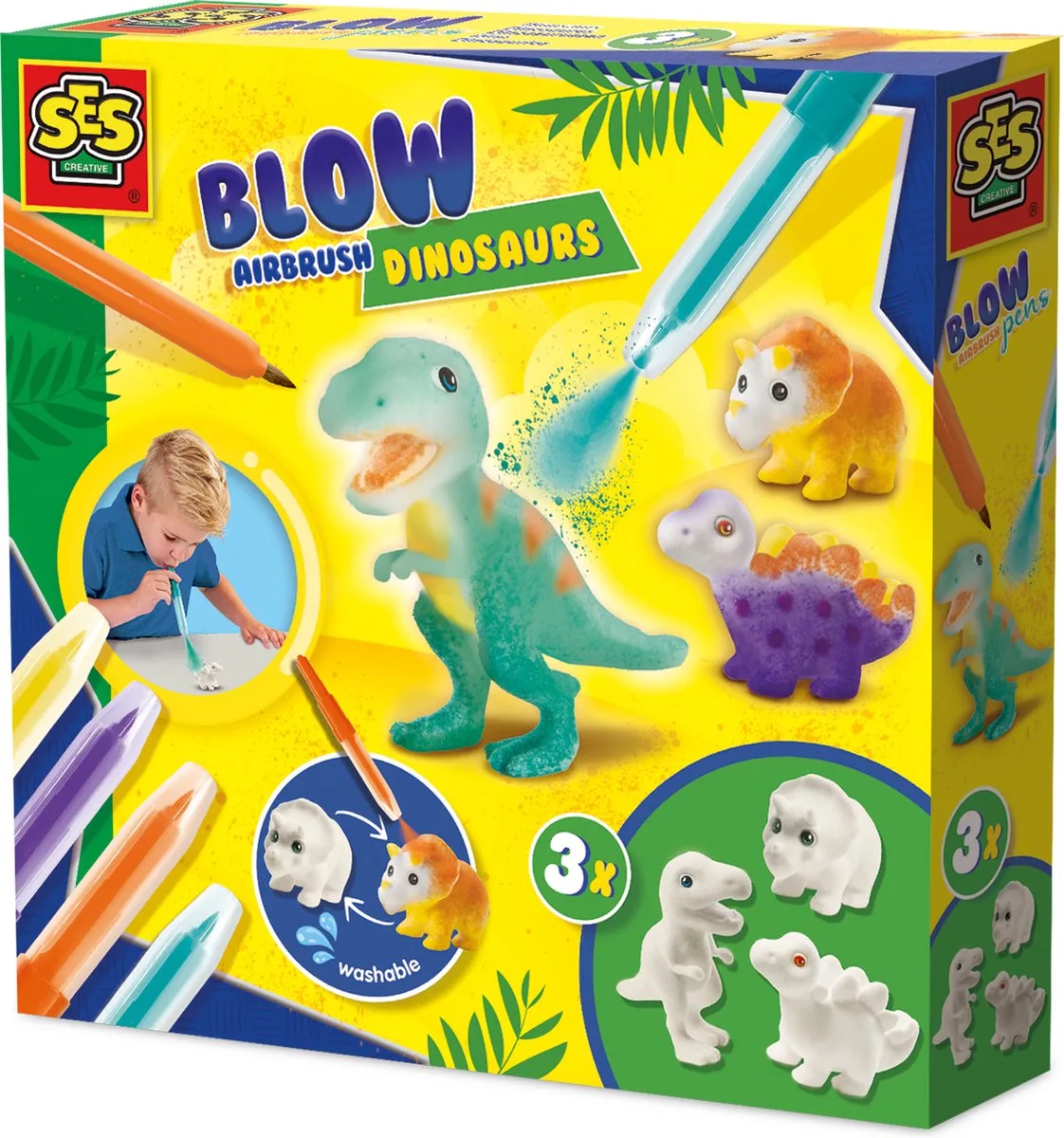 Blow Airbrush Pens - Dinosaurussen - Voor Jongens vanaf 5 Jaar - 3 Figuren en 4 Stiften - Blaasstiften - Schoencadeautjes Sinterklaas van SES Creative in Dino's – productfoto