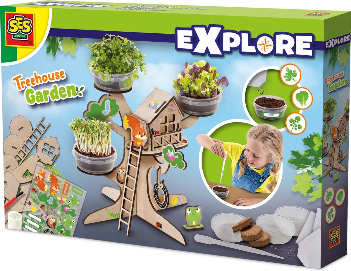 Boomhut Tuin met Kruiden om te Bouwen en te Kweken - Vanaf 5 Jaar - Buitenspeelgoed - Schoencadeautjes Sinterklaas de SES Creative en Boomhut kweekset – photo du produit
