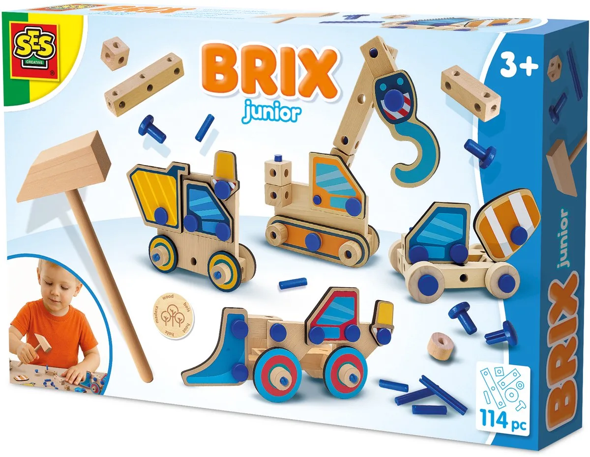 Brix Junior Bouwset - Bouwvoertuigen met Hamer - Voor Jongens vanaf 3 Jaar - 46 Delen - Constructieset - Schoencadeautjes Sinterklaas van SES Creative in Meerkleurig – productfoto