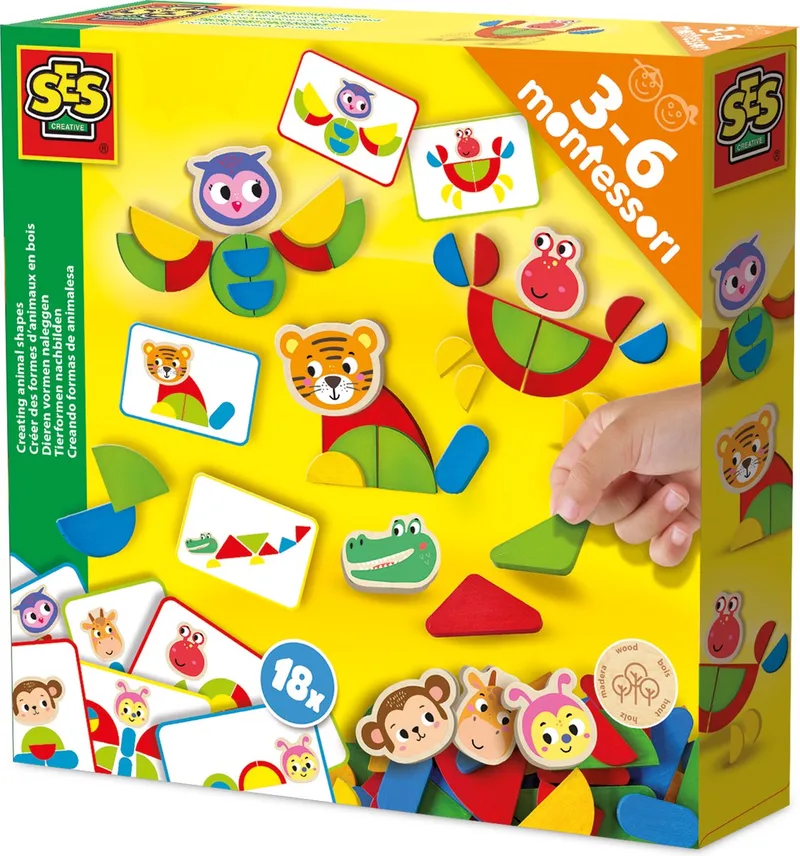 Creative 14063 Montessori Speelgoed - Dieren vormen naleggen - Opdrachtenkaarten en houten onderdelen om figuren na te leggen - stapelen en vormen maken by SES Creative in Multicolour – product photo