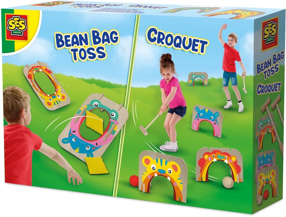 Croquet en Pittenzak Gooien - 2-in-1 van Hout - Vanaf 4 Jaar - Buitenspeelgoed - Schoencadeautjes Sinterklaas van SES Creative in Croquet and pittenzak gooien – productfoto