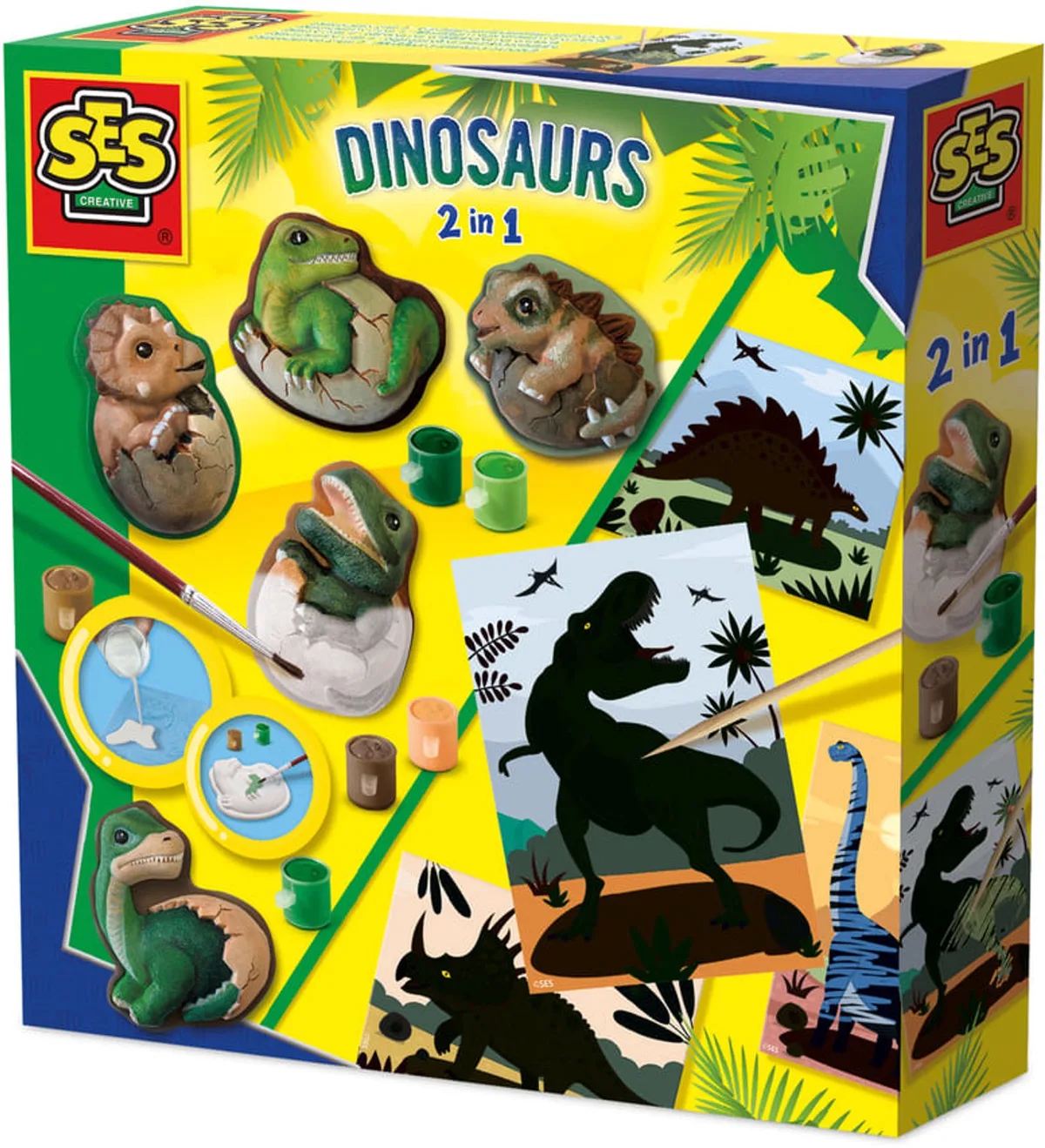 Dino’s 2-in-1 – Gieten & Schilderen én Scratch – met gietmal, gips, verf, scratchkaarten en pen – vanaf 5 jaar de SES Creative en Dino's 2 in 1 – photo du produit