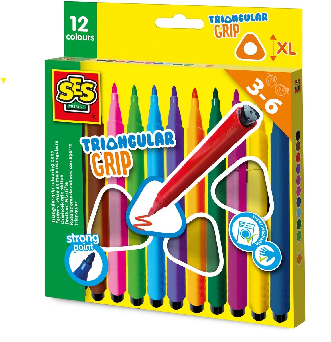 Driehoek Grip Stiften met Ergonomische Grip - 12 Kleuren - Vanaf 3 Jaar - Tekenen - Goed Uitwasbaar - Schoencadeautjes Sinterklaas de SES Creative en Multicolore – photo du produit
