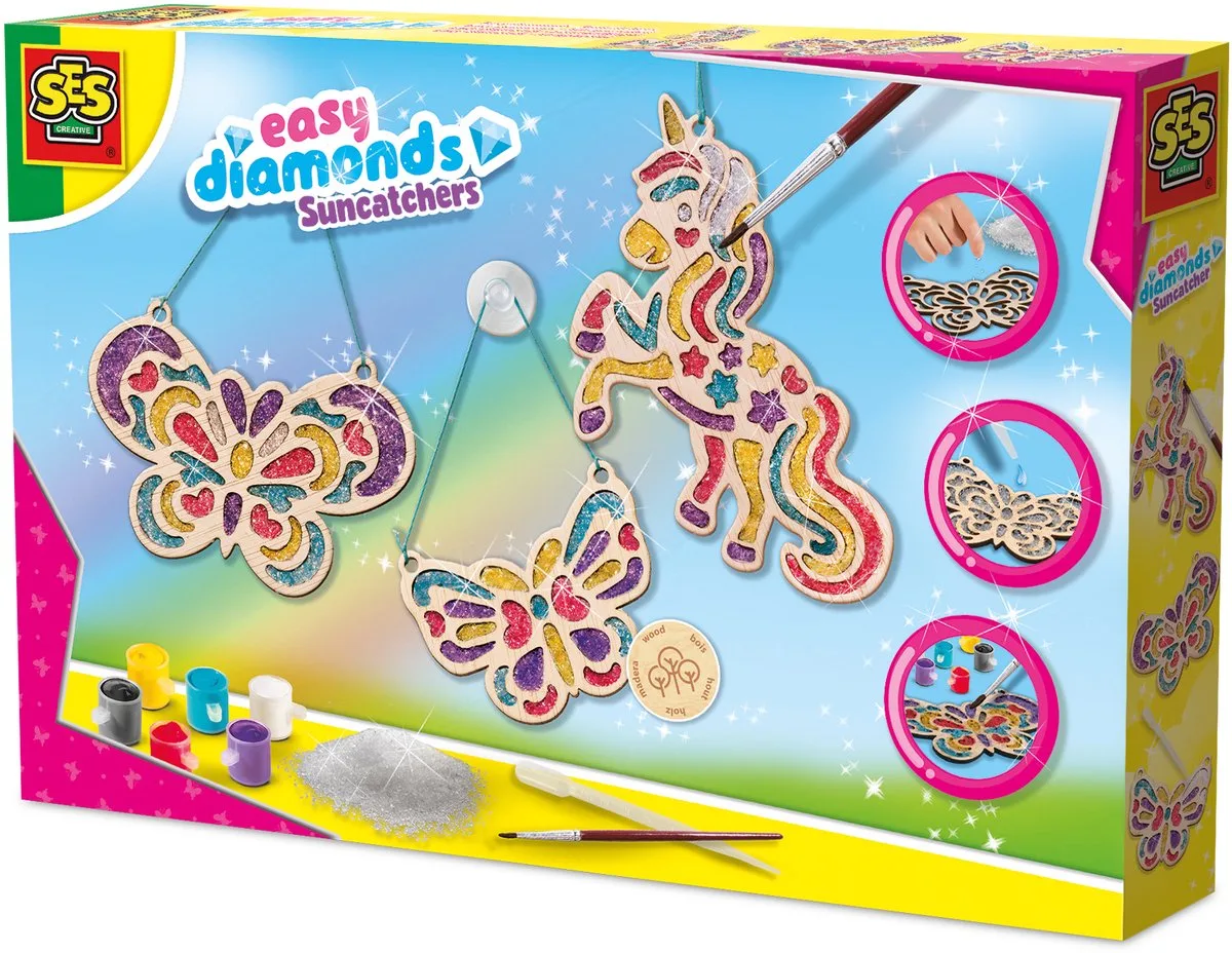 Easy Diamonds Suncatchers - 3 Houten Vormen - Voor Meisjes vanaf 6 Jaar - Diamond Painting - Schoencadeautjes Sinterklaas de SES Creative en Multicolore – photo du produit