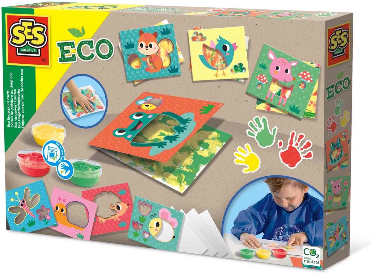 Eco - 3 kleuren verf met voorbedrukte kaarten - Inclusief papier - Goed uitwasbaar de SES Creative en Vingerverf kaarten – photo du produit