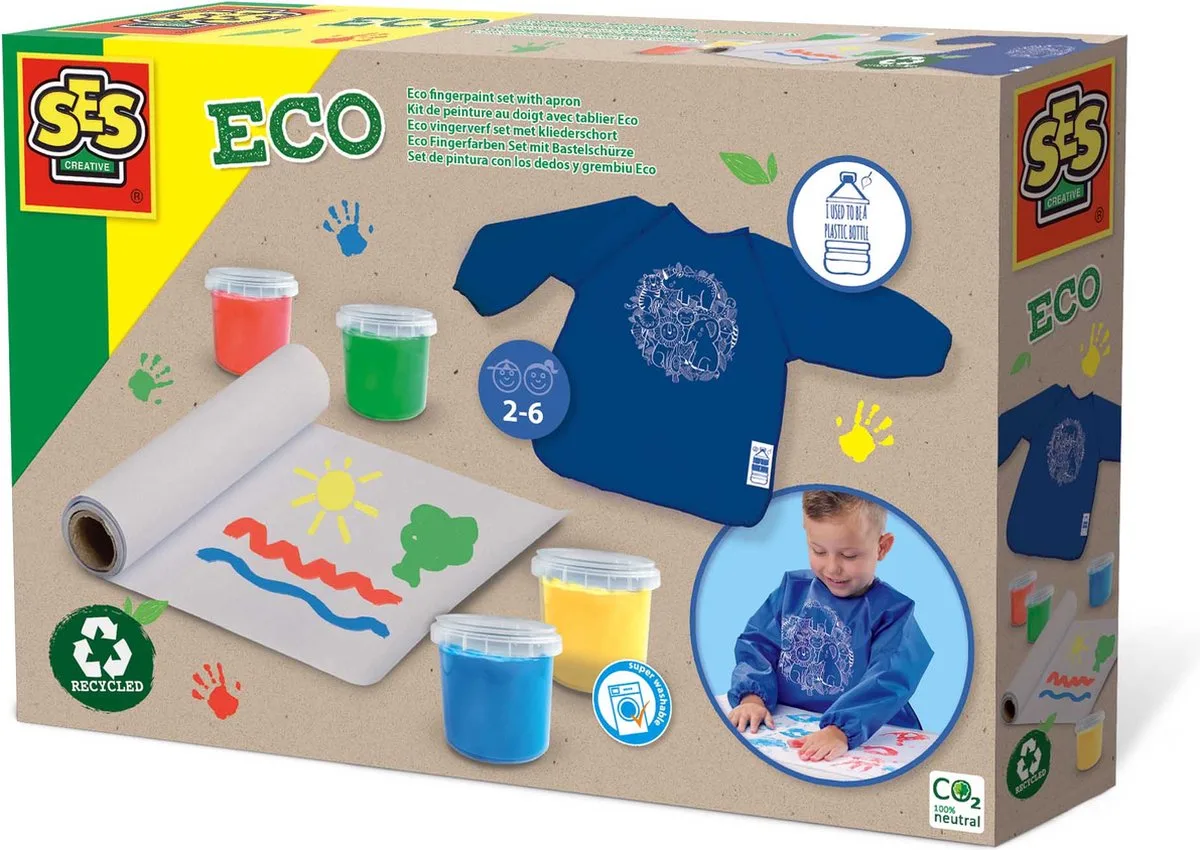 Eco Vingerverf Set met Kliederschort en Papierrol - 100% Gerecycled Materiaal - 4 Kleuren Uitwasbare Vingerverf - Inclusief R-PET Schort en Papierrol - Knutselen Kinderen vanaf 1 Jaar van SES Creative in Eco Kliederschort + Verf – productfoto