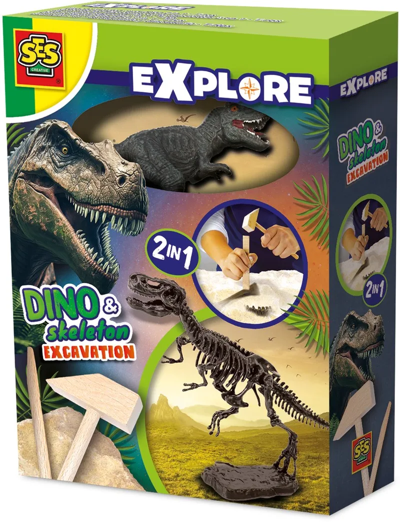 Explore - Dino en Skelet Opgraven 2 in 1 - Bikblok met Skelet - Complete set met Houten Hamer en Beitel - Dinosaurus Speelgoed by SES Creative in T-rex – product photo