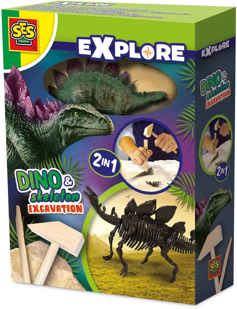 Explore - Dino en Skelet Opgraven 2 in 1 - Bikblok met Skelet - Complete set met Houten Hamer en Beitel - Dinosaurus Speelgoed by SES Creative in Stegosaurus – product photo