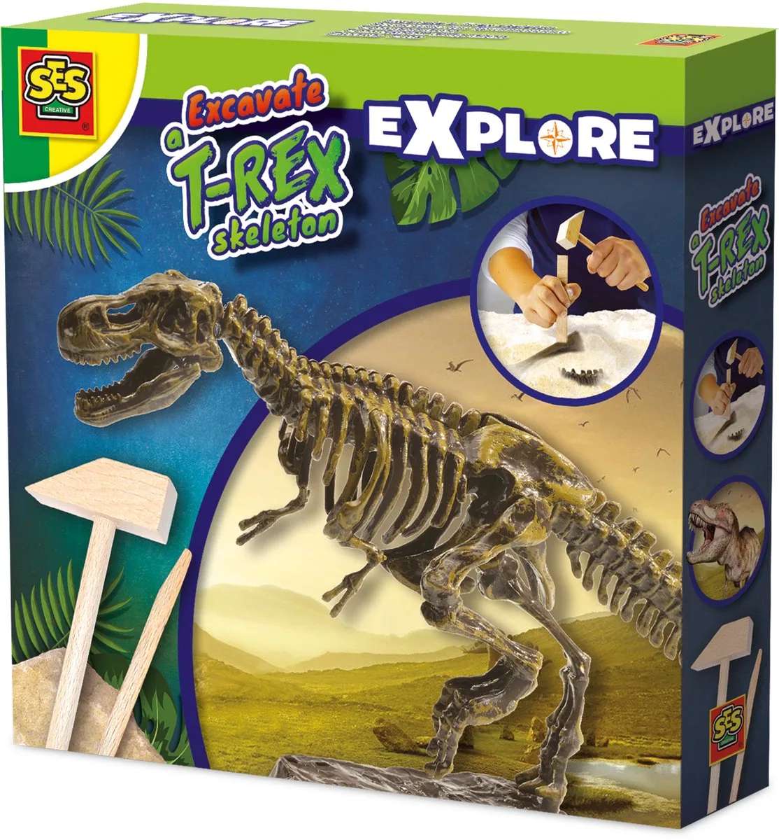 Explore - Dino en Skelet Opgraven 2 in 1 - T-rex - Bikblok met Skelet - Complete set met Houten Hamer en Beitel - Dinosaurus Speelgoed fra SES Creative i Dino skelet opgraven – produktbillede