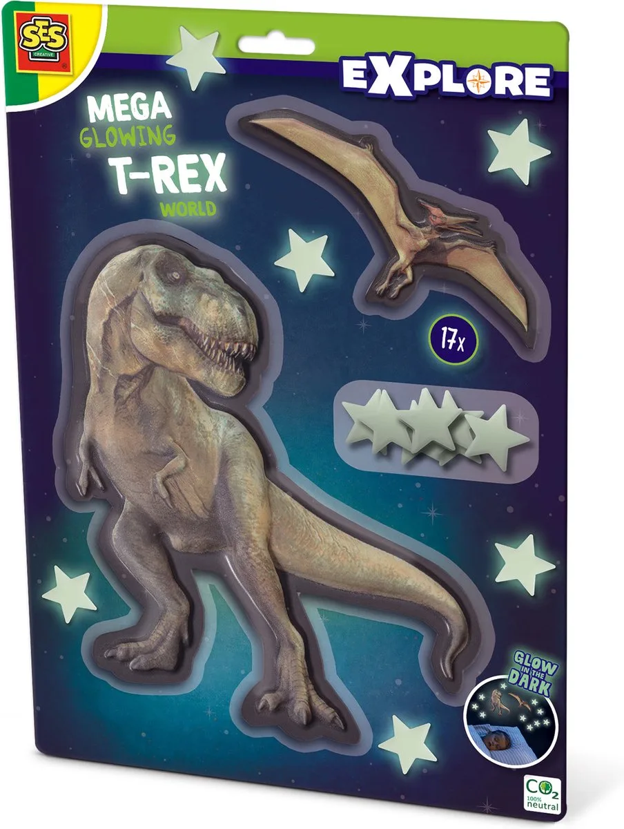Explore - Mega Glow T-Rex World - glow in the dark - met foam plakkers - leuke slaapkamer decoratie fra SES Creative i Mega T-Rex – produktbillede