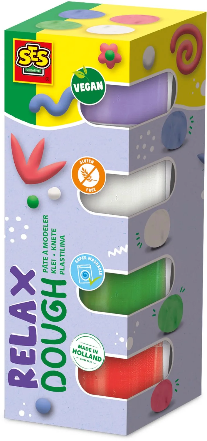 Feel Good Klei - Relax 4 Kleuren - Vanaf 1 Jaar - 4 x 90 g - Boetseerklei - Vegan en Glutenvrij - Schoencadeautjes Sinterklaas by SES Creative in Relax – roze, Licht groen, White, Purple – product photo 1 of 5