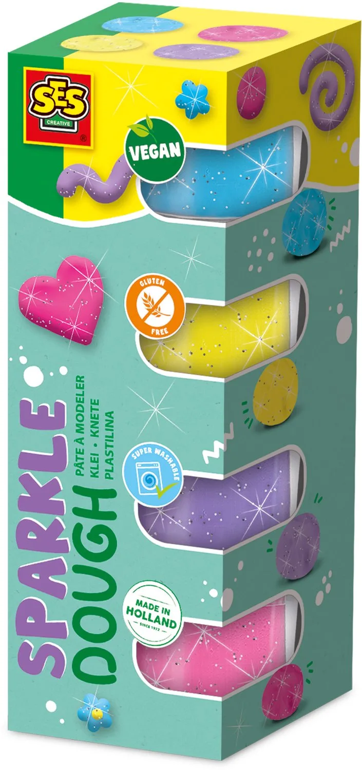 Feel Good Klei - Sparkle met Glitter - Vanaf 1 Jaar - 4 x 90 g - Boetseerklei - Vegan en Glutenvrij - Schoencadeautjes Sinterklaas fra SES Creative i Sparkle – roze, Lilla, Gul, Blå – produktbillede