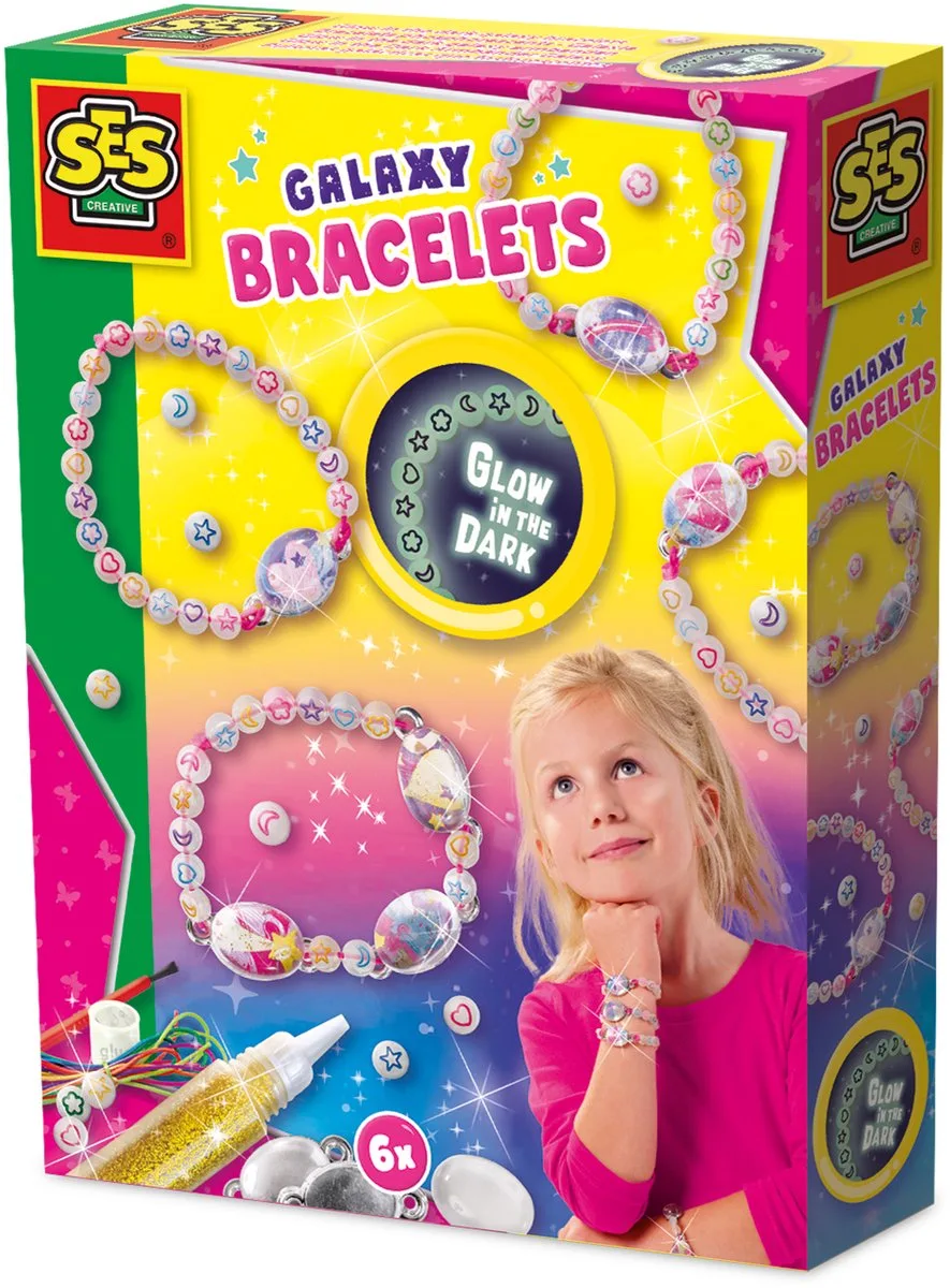 Galaxy Glow in the Dark - Armbandenset met 6 Bedels - Voor Meisjes vanaf 3 Jaar - Armbandjes Maken - Schoencadeautjes Sinterklaas by SES Creative in Galaxy glow in the dark armbanden – product photo