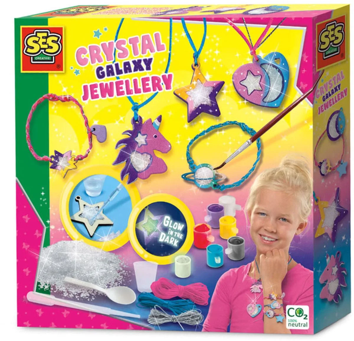 Galaxy - sieraden maken - mooie heldere kleuren verf - glow in the dark - complete set - knutselen meisjes de SES Creative en Kristal sieraden – photo du produit