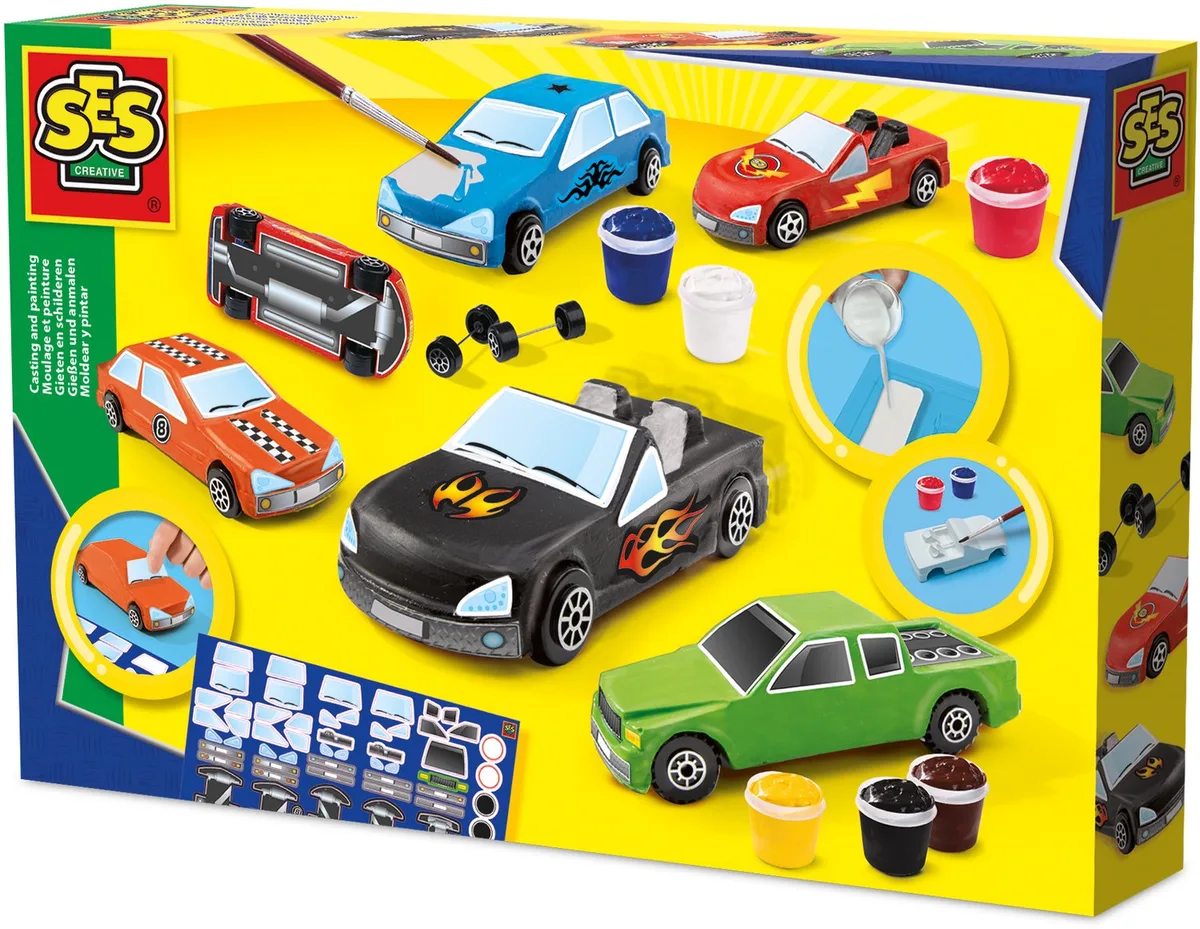Gieten en Schilderen - Auto's met Wieltjes - Voor Jongens vanaf 5 Jaar - Knutselen - Schoencadeautjes Sinterklaas de SES Creative en Auto – photo du produit