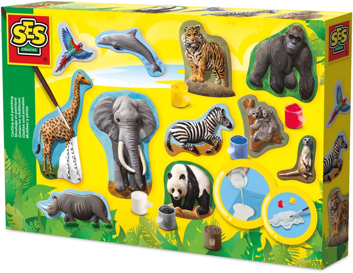 Gieten en Schilderen - gips gieten - maak een giraffe, gorilla, panda en meer - met vormpjes, gips, verf en penseel de SES Creative en Dieren – photo du produit