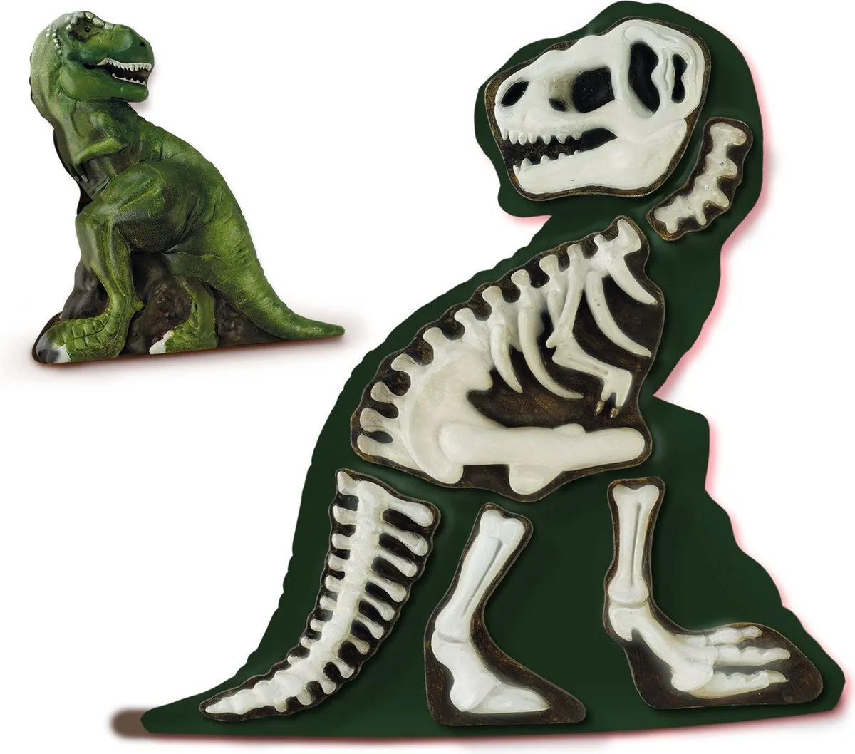 Gieten en schilderen - T-Rex met skelet - dino - glow in the dark - sneldrogend - met gietmal, gips, verf, penseel, kam en lijm van SES Creative in T-Rex met skelet – glow in the dark – productfoto
