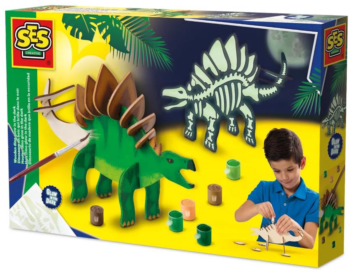 Glow in the Dark om te Bouwen en Beschilderen - Voor Jongens vanaf 5 Jaar - Houten Bouwpakket - Schoencadeautjes Sinterklaas van SES Creative in Houten dino – productfoto