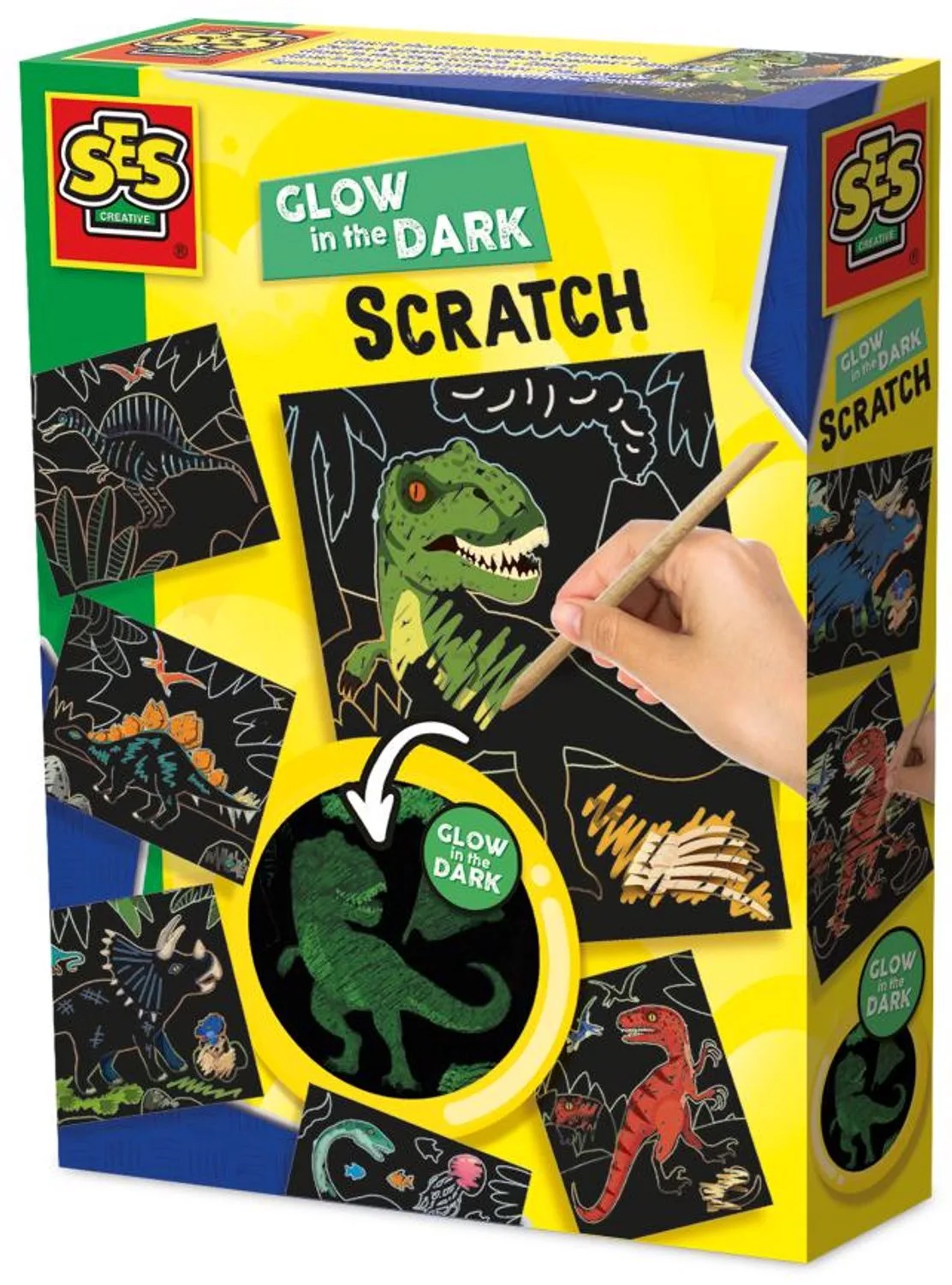 Glow in the Dark Scratch - Dino's - Voor Jongens vanaf 3 Jaar - 6 Kaarten - Kraskaarten - Schoencadeautjes Sinterklaas van SES Creative in Glow in the dark dino – productfoto