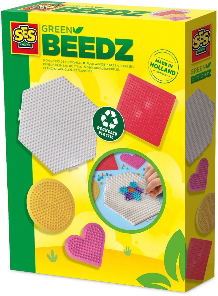 Green Beedz - 4 Strijkkralen Grondplaten - Gerecycled Materiaal - Duurzaam - Vanaf 5 Jaar fra SES Creative i Green Beedz – Wit, Lyserød, Rød, Geel – hexagon, Hartje, Vierkant, Cirkel – produktbillede