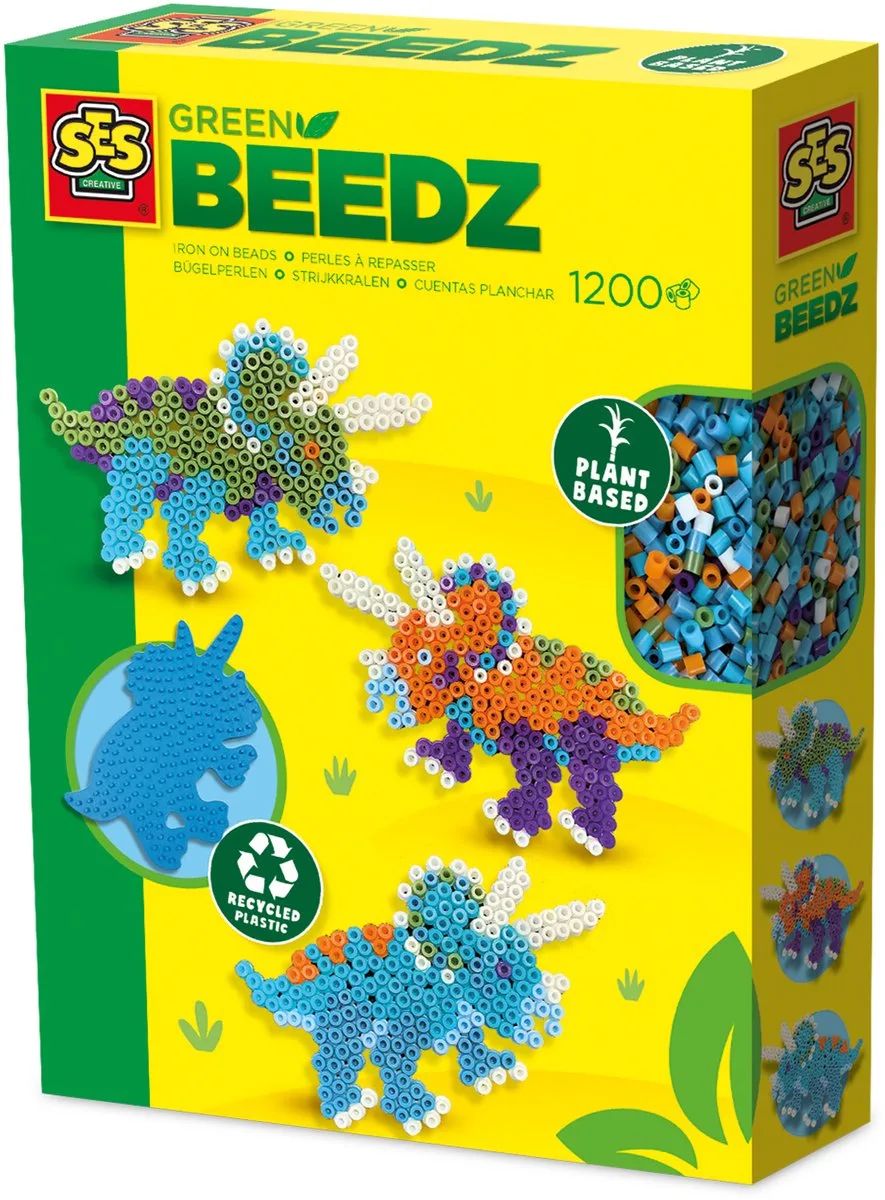 Green Beedz - Dino's - Strijkkralen - 1200 Stuks - Gerecycled Materiaal - Duurzaam - Vanaf 5 Jaar fra SES Creative i Green Beedz triceratops – produktbillede