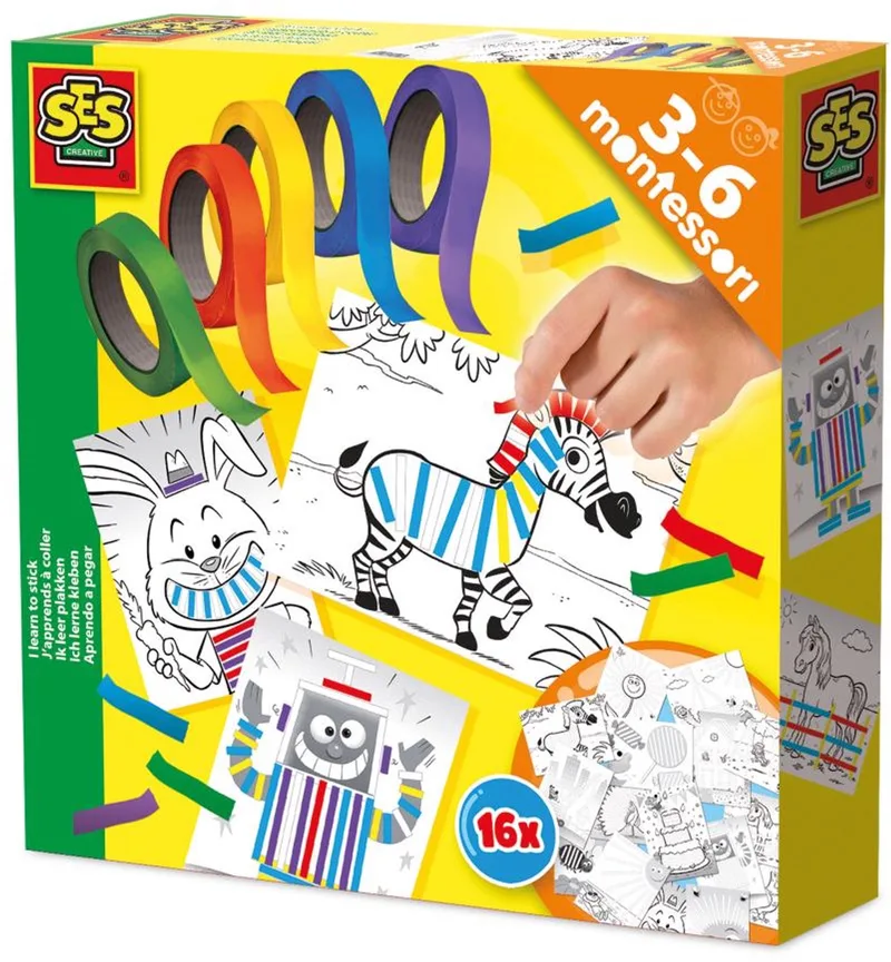 Ik Leer Plakken – Montessori Speelgoed – 5 Rollen Gekleurde Plaktape – 16 Opdrachtkaarten – Vanaf 3 jaar fra SES Creative i Leren plakken – produktbillede