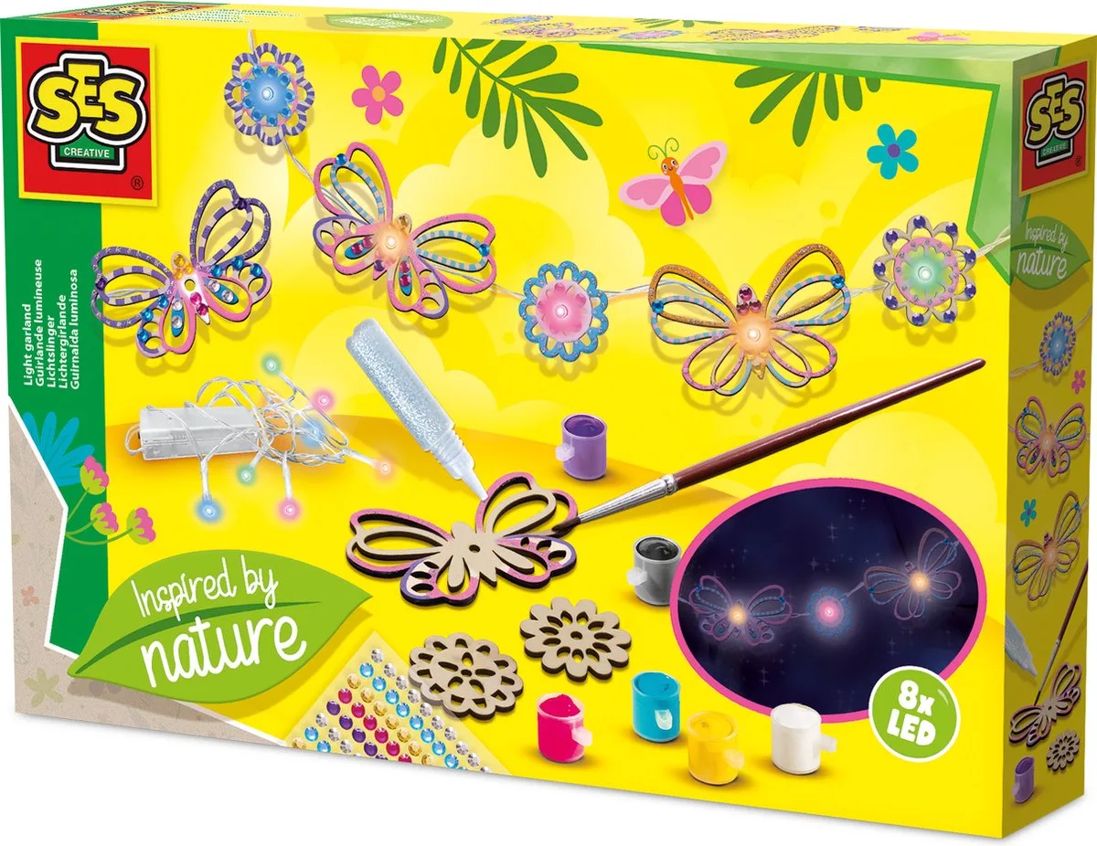 Inspired by Nature Lichtslinger LED met Houten Vormen om te Beschilderen - Vanaf 6 Jaar - Knutselen - Schoencadeautjes Sinterklaas fra SES Creative i Lichtketting – produktbillede
