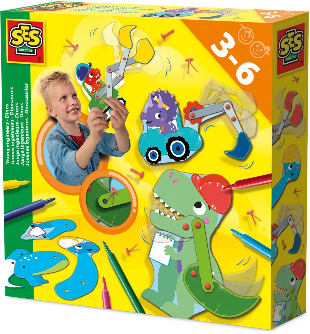 Jonge Ingenieurs Dino's - 4 Bewegende Figuren van Papier - Vanaf 3 Jaar - Constructieset - Schoencadeautjes Sinterklaas von SES Creative in Jonge ingenieurs – Dino's – Produktfoto