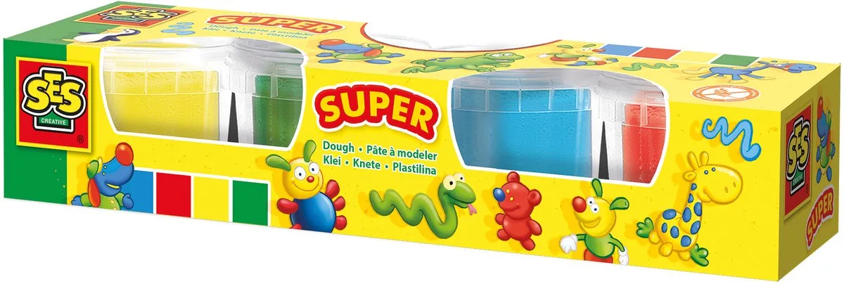 Klei - 4 Super Zacht - Vanaf 2 Jaar - 4 x 90 g - Boetseerklei - Glutenvrij - Schoencadeautjes Sinterklaas de SES Creative en Basiskleuren – photo du produit