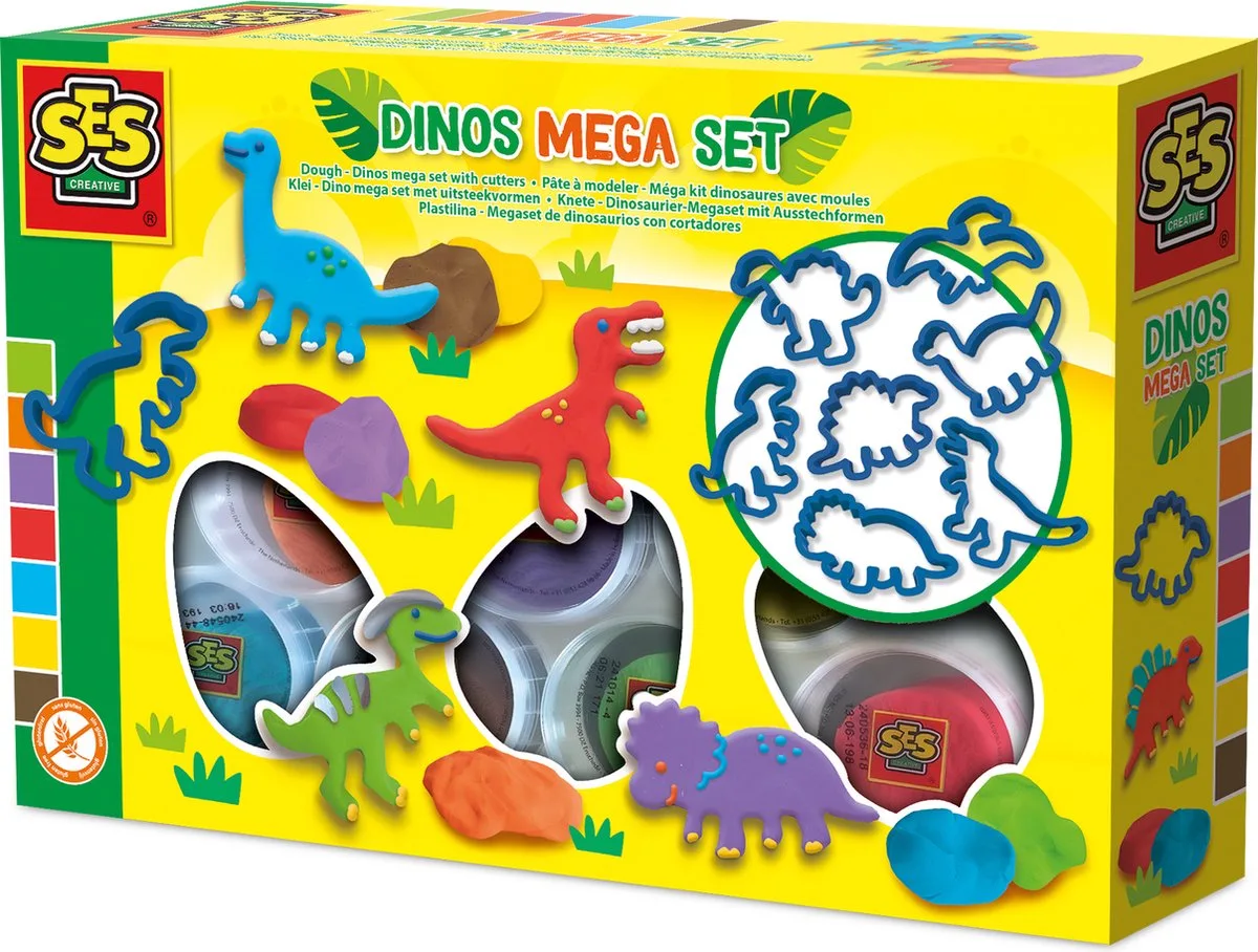 Klei Mega Set Dino met 7 Uitsteekvormen - 7 x 90 g - Vanaf 2 Jaar - Boetseerklei - Glutenvrij - Schoencadeautjes Sinterklaas van SES Creative in Dino Mega Set – productfoto
