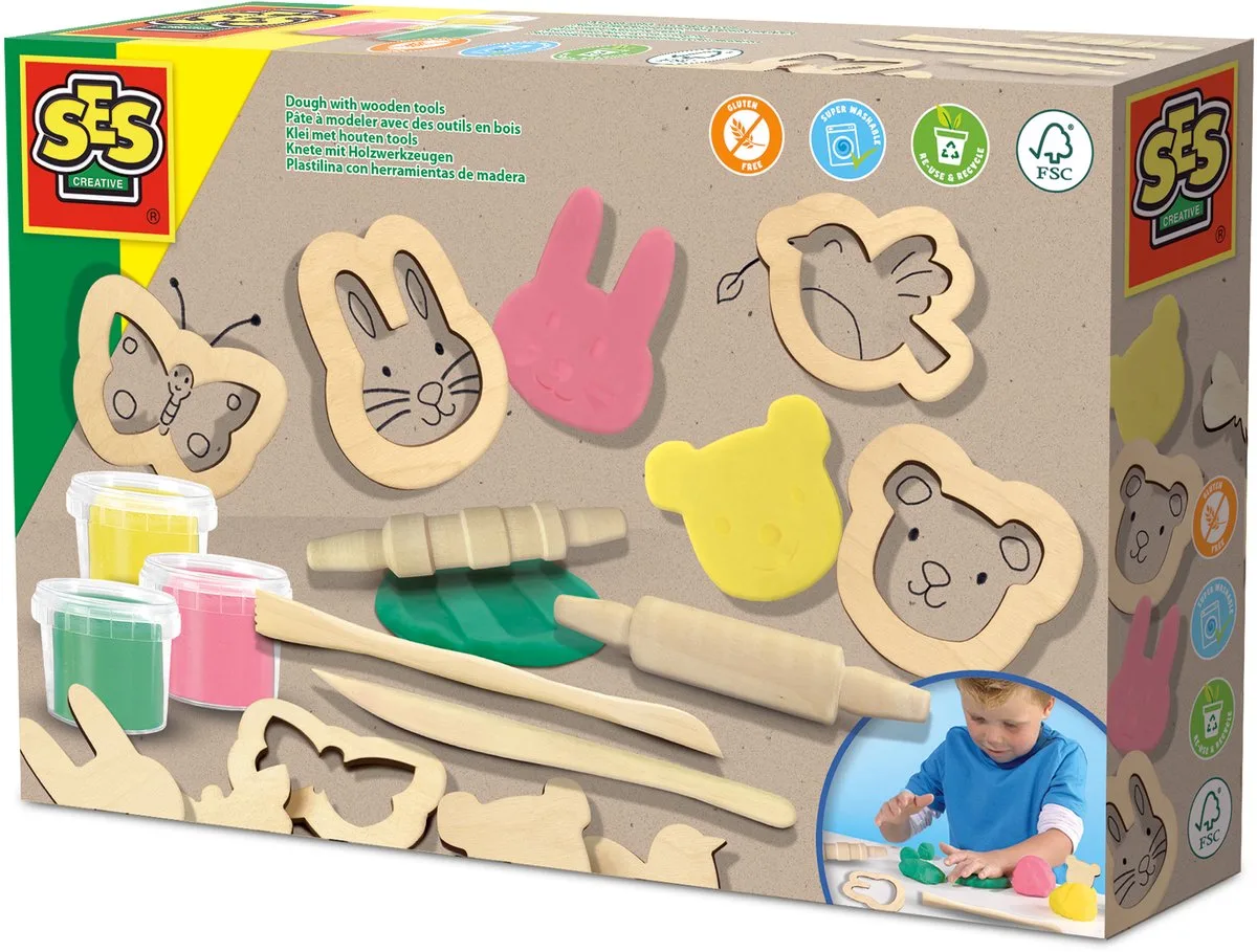 Klei Set met Houten Tools en Dierenvormpjes - 3 x 90 g - Vanaf 3 Jaar - Boetseerklei - Glutenvrij - Schoencadeautjes Sinterklaas von SES Creative in Eco klei met houten tools – Produktfoto