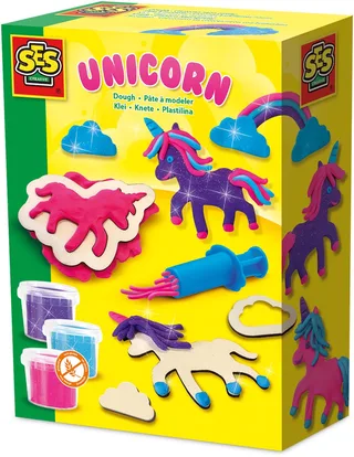 Klei Set - met Kleispuit - Vanaf 3 Jaar - 3 x 90 g - Boetseerklei - Glutenvrij - Schoencadeautjes Sinterklaas by SES Creative in Unicorns neon glitter – product photo 1 of 2